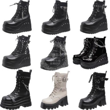 暗黑系超酷手工制皮扣騎士短靴綁帶厚底原宿街拍馬丁靴