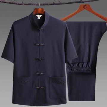 中老年人唐裝男短袖棉麻襯衫套裝爸爸夏季中式太極服漢服爺爺裝薄