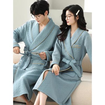 睡袍女秋冬季純棉加厚中長款情侶睡衣男士2024年新款冬薄夾棉浴袍