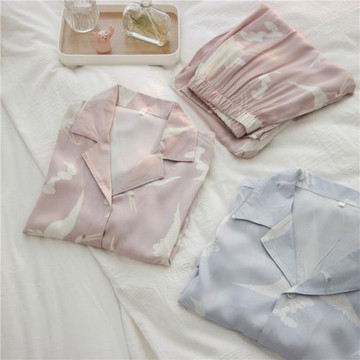 氣質仙鶴 貢緞棉綢柔軟舒服情侶男女士春季新品長袖褲睡衣套裝