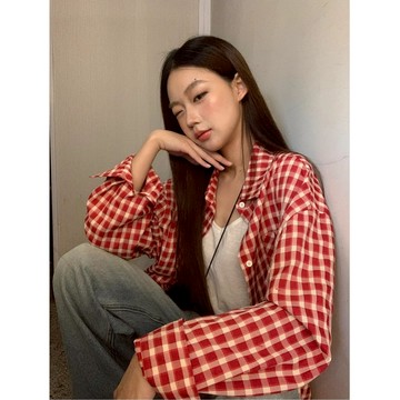 2025新款法式上衣長袖寬鬆紅色格子襯衫