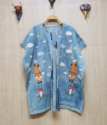 手工刺繡開衫、狐狸、松樹、雲