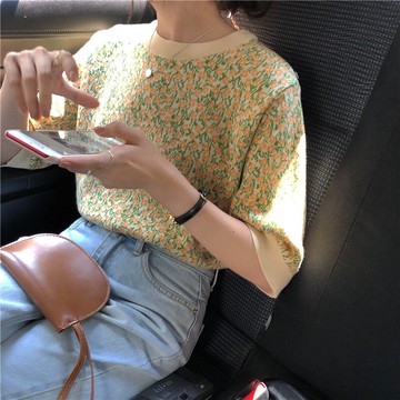 甜美小花朵五分袖針織衫夏季韓國刺繡寬松短袖圓領T恤學生女上衣1入