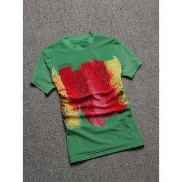 半高領短袖t恤女夏季洋氣小衫漂亮修身薄款印花網紗綠色立領上衣