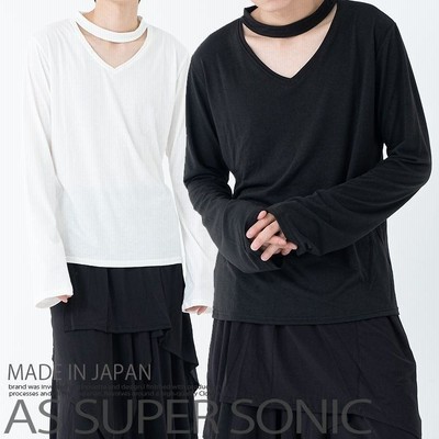 カットソー チョーカーデザイントップス Vネック メンズ 長袖 白 黒 AS SUPER SONIC