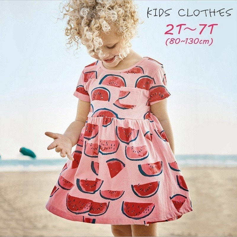 ワンピース キッズ 子供服 女の子 半袖 丸首 ラウンドネック クルーネック Aライン 膝上丈 フレア 総柄 スイカ フルーツ 果物 ピンク カジュア 通販 Lineポイント最大get Lineショッピング