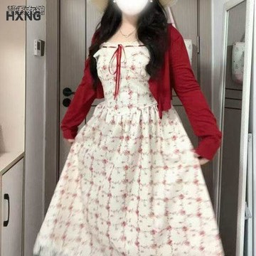 【顯瘦收腰】胖mm大碼連衣裙套裝 女春夏設計感 碎花背心裙 外搭防曬開衫 胖MM顯瘦洋裝 兩件套 套裝女 洋裙 束腰 洋