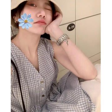 韓系藍色v領格子背心女夏外穿設計感小眾無袖上衣