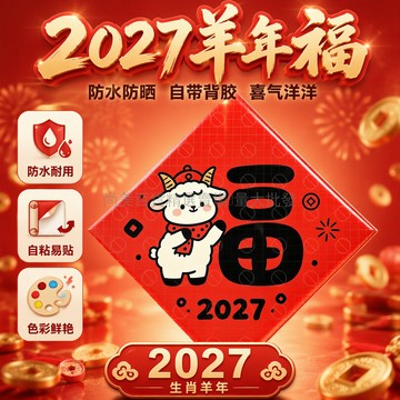 台灣出貨✨ 2027羊年卡通小羊抱兔 斗方福字貼紙 防水防曬不掉色 大門窗戶裝飾 15-70CM多尺寸 自帶背膠春節佈置