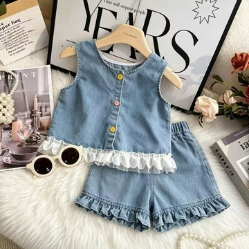 mori🎀mori牛仔蕾絲撞色套裝夏天新女童牛仔套裝百搭撞色牛仔一整套