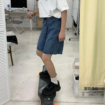 五分直筒寬鬆褲子闊腿短褲高腰學生牛仔褲女【聚物優品】