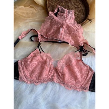 紅色聚攏超薄文胸性感透明大胸顯小套裝胸罩全透內衣女薄款夏季