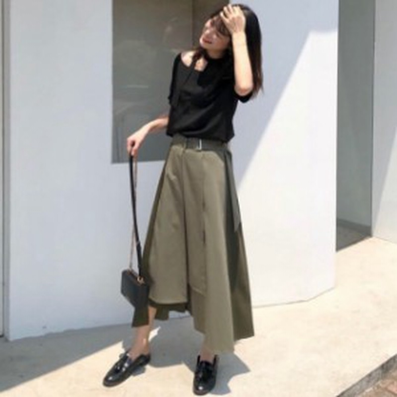 夏 秋 フレアスカート アシンメトリー ロングスカート 個性的 モード マニッシュ ハンサム クール カーキ ベルト ボトムス 通販 Lineポイント最大4 0 Get Lineショッピング
