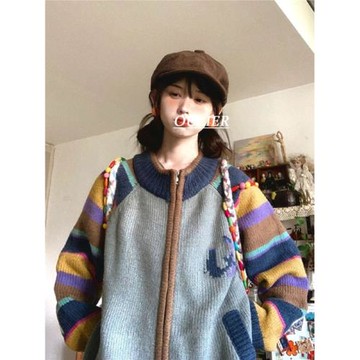 美式復古慵懶風彩虹條紋毛衣開衫女秋冬季加厚費爾島拉鏈針織外套