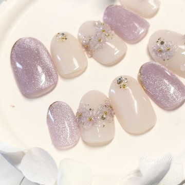 紫色×淡藍色磁石光澤立體迷你花朵可愛美甲貼片