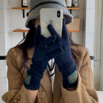 ❤臺灣出貨❤韓系冬季手套 秋冬五指觸屏手套 針織毛線手套 純色手套 情侶簡約布標百搭手套 保暖冬季手套 日系簡約手套