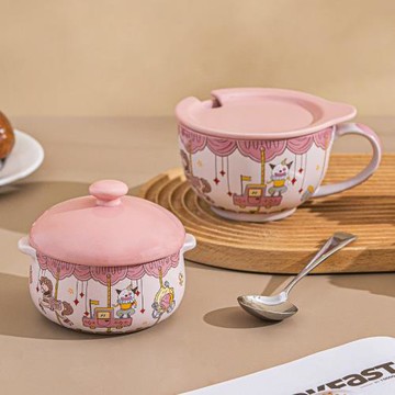 西比爾旋轉木馬陶瓷杯早餐杯帶蓋可愛耐高溫家用麥片杯燉盅蒸燉