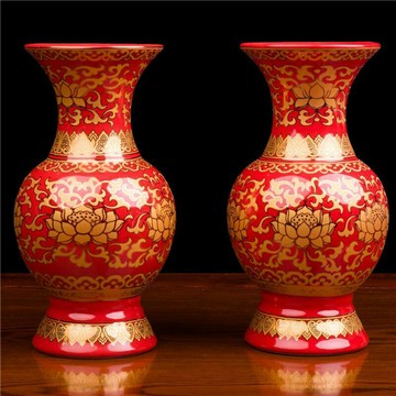 【優選百貨】供佛花瓶  花瓶陶瓷 花瓶佛具 神明花瓶 神桌花瓶 拜拜花瓶真金紅無字蓮花佛教花瓶供菩薩唐彩真金紅富貴陶瓷供佛蓮花淨瓶