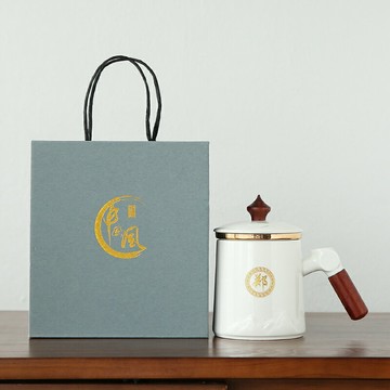 羊脂玉帶木把刻字辦公杯茶白瓷茶水分離帶蓋過濾個人專用馬克杯