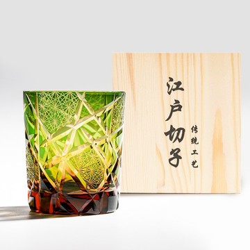 日式江戶切子 星芒網紋手工切割威士忌杯 - 綠色 刻字 生日禮物