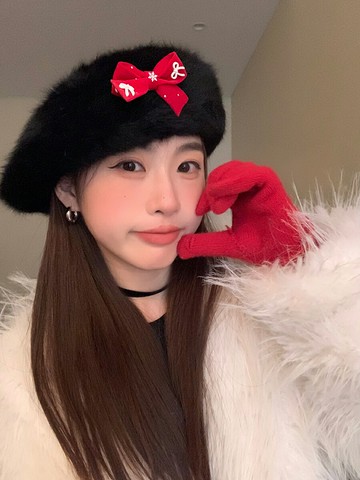 圣誕新年氛圍感新款兔毛貝雷帽紅蝴蝶結秋冬女蓓蕾畫家帽子學生