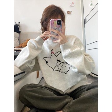 100%純棉美式復古oversize圓領衛衣女秋冬薄款寬松慵懶長袖上衣潮