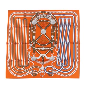 【二手名牌BRAND OFF】HERMES 愛馬仕 橘色 Grand Tralala 絲質方巾 90X90