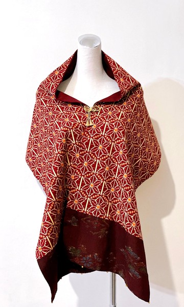 純手作古典幾何華麗麻葉紋橘色圓點酒紅色羊毛圍巾披肩