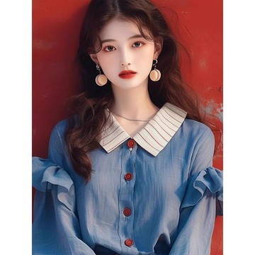 秋天衣服  法式復古 藍色荷葉邊 設計感女裝  女士秋季新款獨特漂亮上衣  長袖襯衫