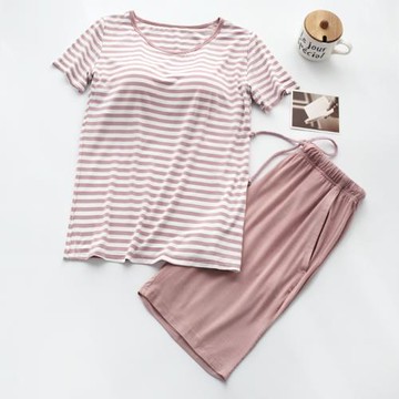 帶胸墊睡衣 免穿文胸女士夏季薄款莫代爾短袖短褲條紋套裝家居服