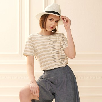 棉麻條紋拼接雙層細捲領短袖上衣