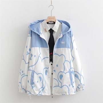 少女春秋裝小熊印花工裝外套2025秋裝新款初高中學生寬松連帽風衣