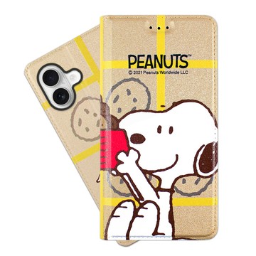 SNOOPY iPhone 16 Plus (6.7吋) 彩繪可站立皮套(吃餅乾)