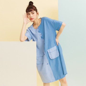 【Dailo】扇形交錯條紋拼接仿牛仔-女短袖洋裝(二色/版型適中)