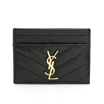 YSL Saint Laurent MONOGRAM系列V字縫線金屬LOGO魚子醬名片票卡夾（黑）