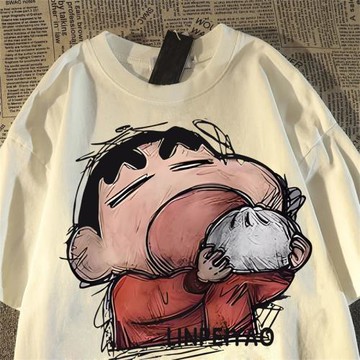 日系復古吃包子蠟筆小新短袖t恤男女寬松vintage純棉百搭半袖上衣