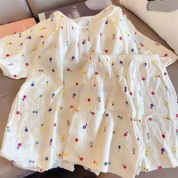 【臺灣-出貨】ins睡衣夏季短褲短袖網紅甜美泡泡棉可愛開衫家居服居家夏天套裝064D