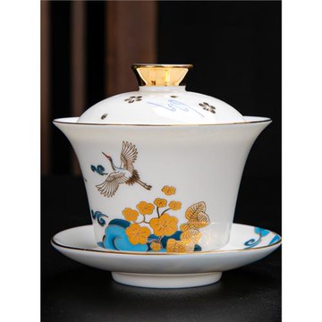 花間云鶴蓋碗公道杯茶杯主人杯過濾茶碗中式德化白瓷茶壺陶瓷茶具