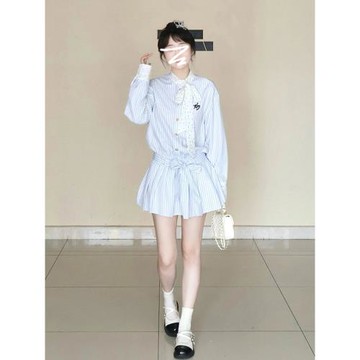 學院風條紋襯衫連衣裙女2025新款秋冬小個子韓系收腰內搭polo短裙