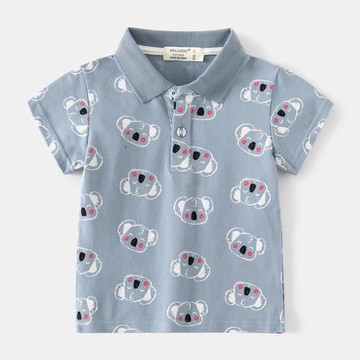 WELLKIDS - 純棉休閒翻領短袖上衣-無尾熊-灰藍色