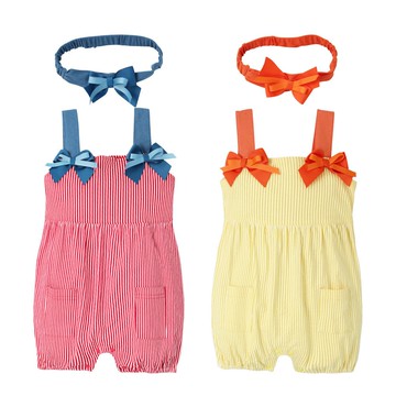 Augelute Baby 經典條紋吊帶燈籠連身衣 附髮帶 60203