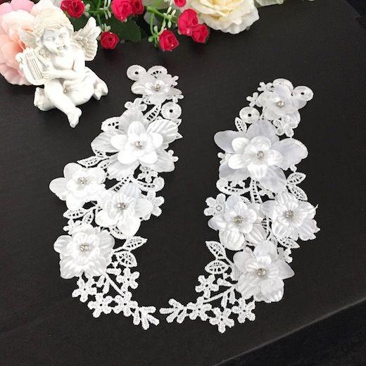 3D お花 ストーン付き ペアセット ハンドメイド パーツ 装飾 オフホワイト