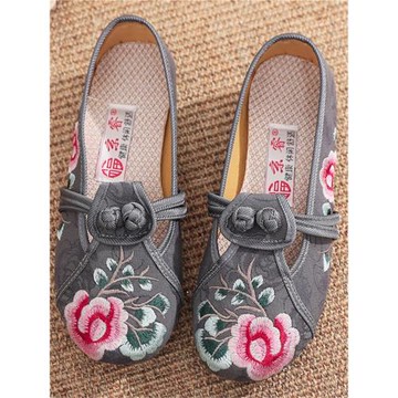 京睿聚氨酯底繡花鞋2021新款春夏媽媽鞋平底軟民族風一腳蹬方口鞋