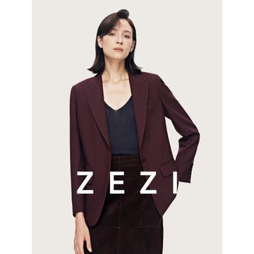 zezi美麗諾羊毛外套女上衣春秋款小西裝勃艮第紅通勤修身女士西服
