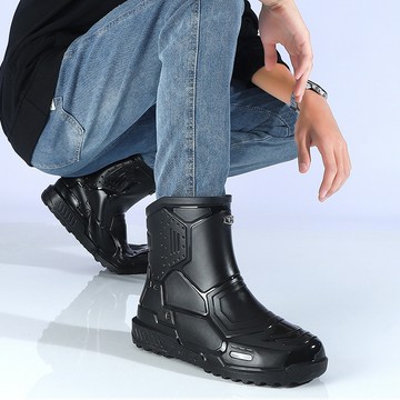 ✨ 熱購✨鞋子男 雨鞋 防水鞋 時尚黑色雨鞋男款防滑耐磨靴保暖長筒加厚防水鞋男士工地釣魚靴子