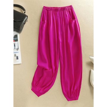 春夏新款人造棉大碼女褲媽媽裝棉綢燈籠褲子廣場舞中老年純色長褲