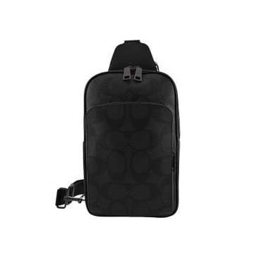 COACH黑灰大C Logo PVC拼接素面皮革直式單肩後背胸包男包