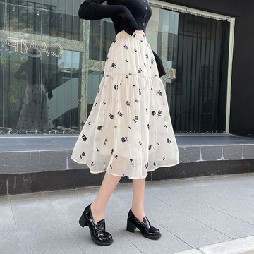 半身長裙歐根紗中春季新款大擺氣質裙玫瑰花印花中長款a字【淘夢屋】
