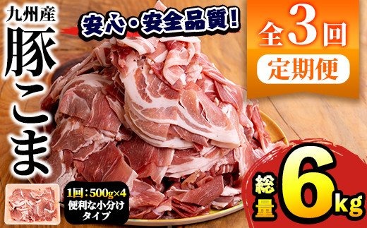 akune-31-2 ＜定期便・全3回＞豚肉こま切れ(500g×4パック×3回・総量6kg)国産 ぶた肉 肉 お肉 豚こま 小分け 個包装 小間切れ 冷凍 定期便 31-2