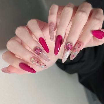 💥Hannah💥爆炸新款火龍果色貓眼穿戴甲2025新款純手工亮片輕奢ins名媛辣妹長甲玫紅韓式仙女穿戴甲